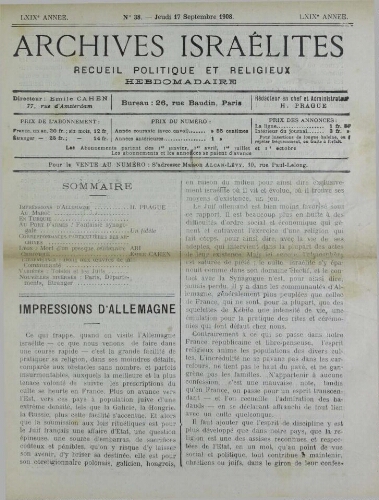 Archives israélites de France. Vol.69 N°38 (17 sept. 1908)